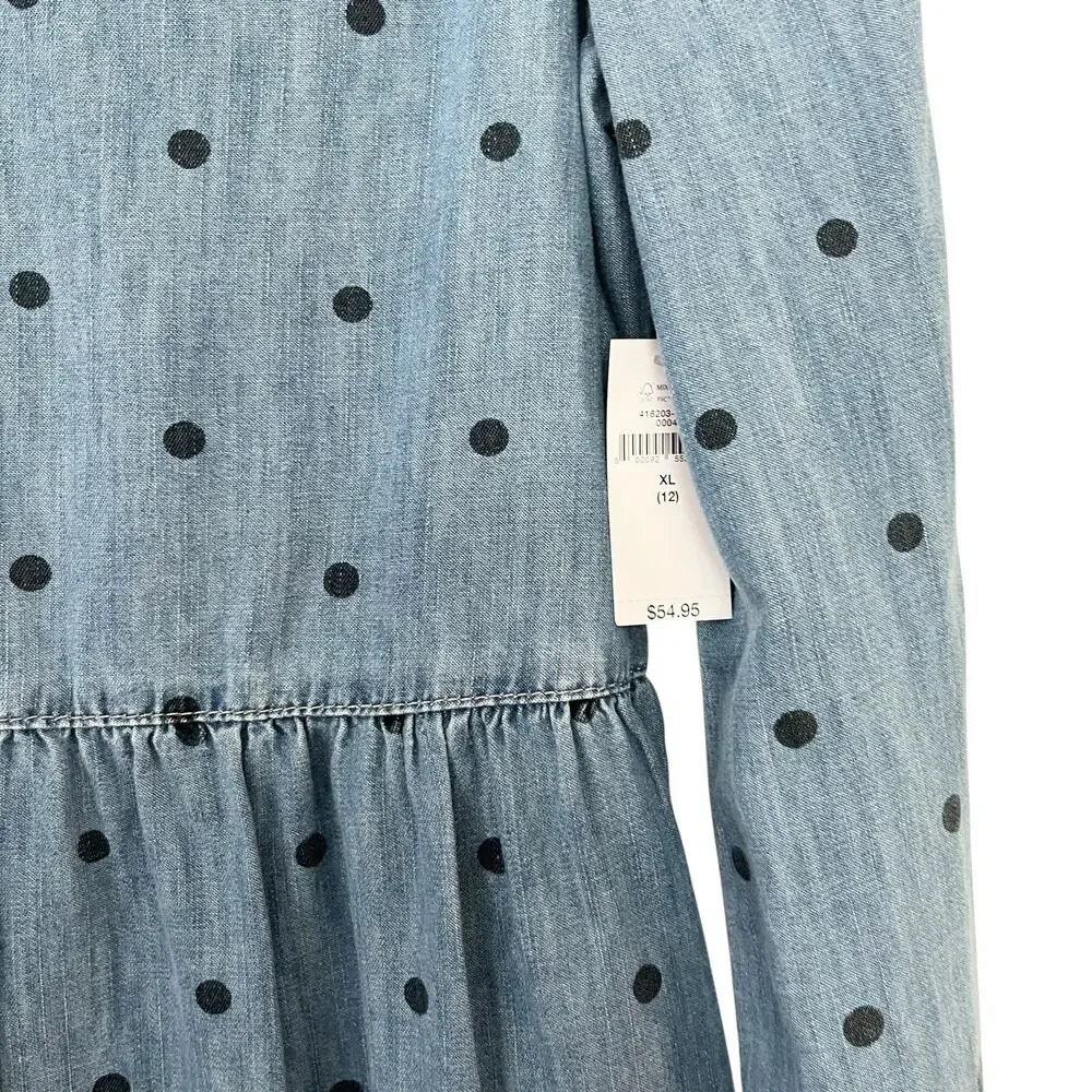 Gap Girls Blue Polka Dot Tiered Long Sleeve Denim Dress Size XL/12 NWT